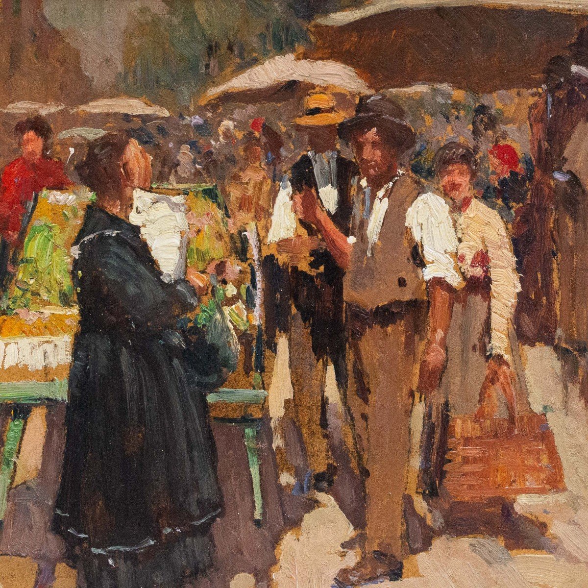 Alessandro Lupo, “market Scene,” Oil On Cardboard, 1900s Era-photo-5