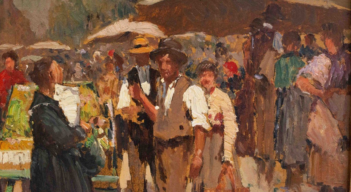 Alessandro Lupo, “market Scene,” Oil On Cardboard, 1900s Era-photo-7