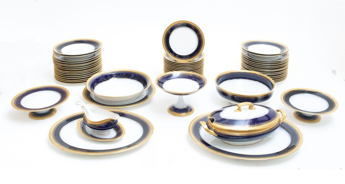 Limoges Plate Service, 54 Pieces, Cobalt Blue And Gold Details, 1900s Era-photo-3