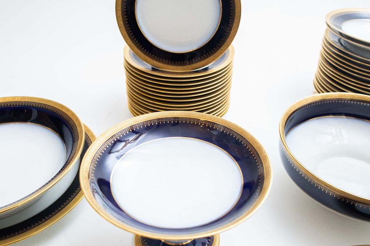 Limoges Plate Service, 54 Pieces, Cobalt Blue And Gold Details, 1900s Era-photo-4