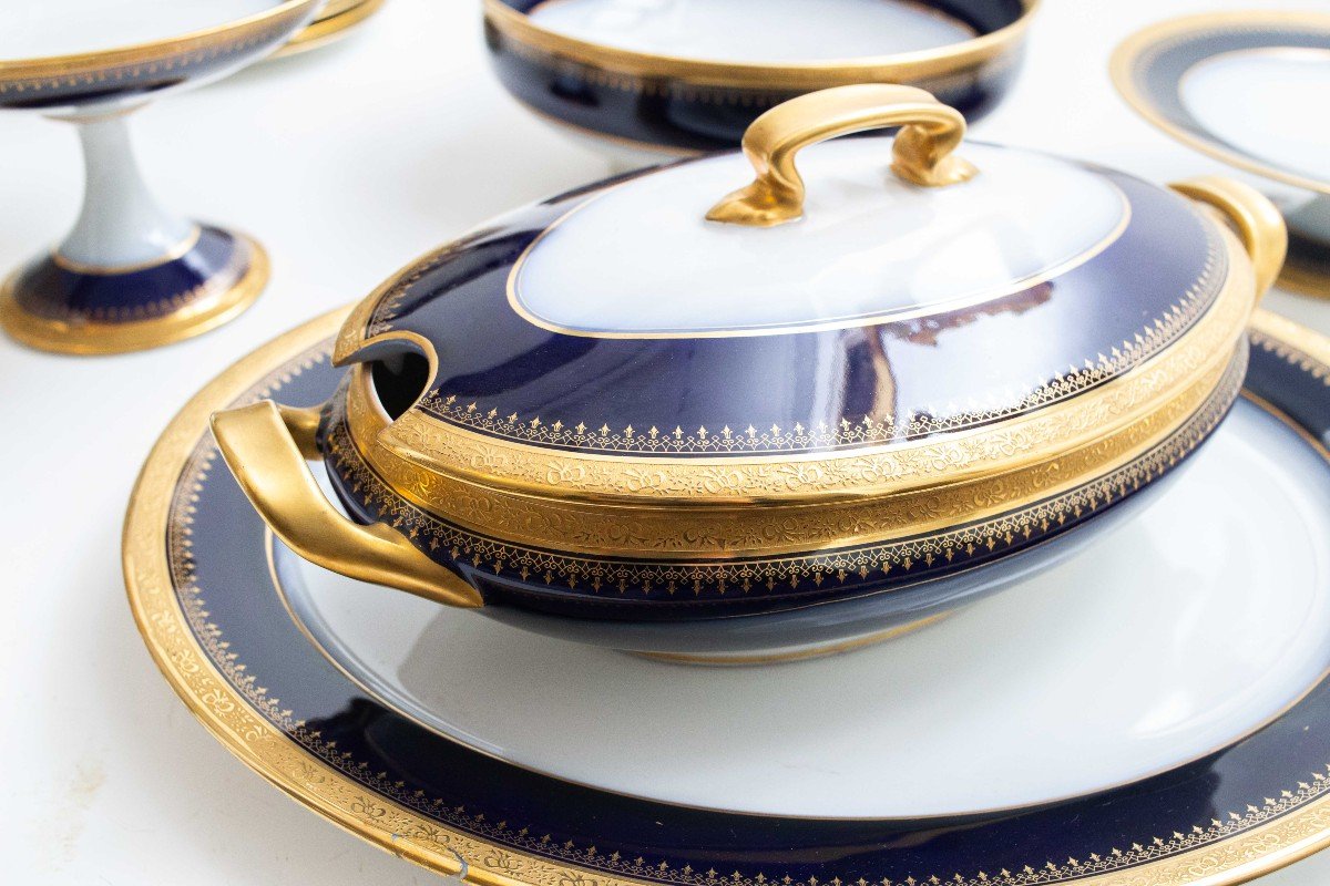 Limoges Plate Service, 54 Pieces, Cobalt Blue And Gold Details, 1900s Era-photo-5