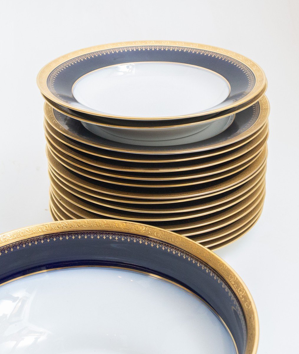 Limoges Plate Service, 54 Pieces, Cobalt Blue And Gold Details, 1900s Era-photo-6