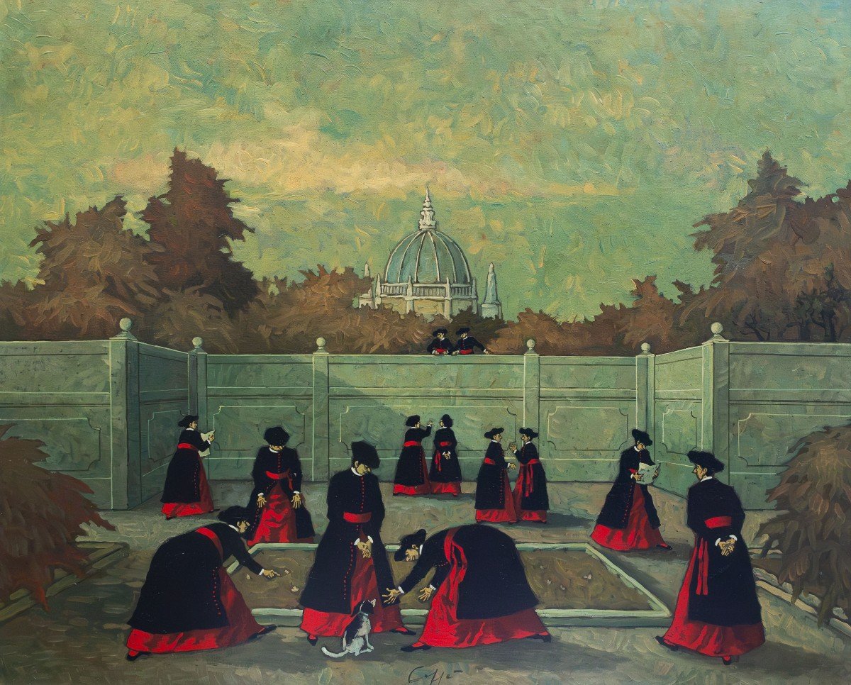 Nino Caffè, "at The Vatican Gardens", Oil On Canvas, Signed, 1970