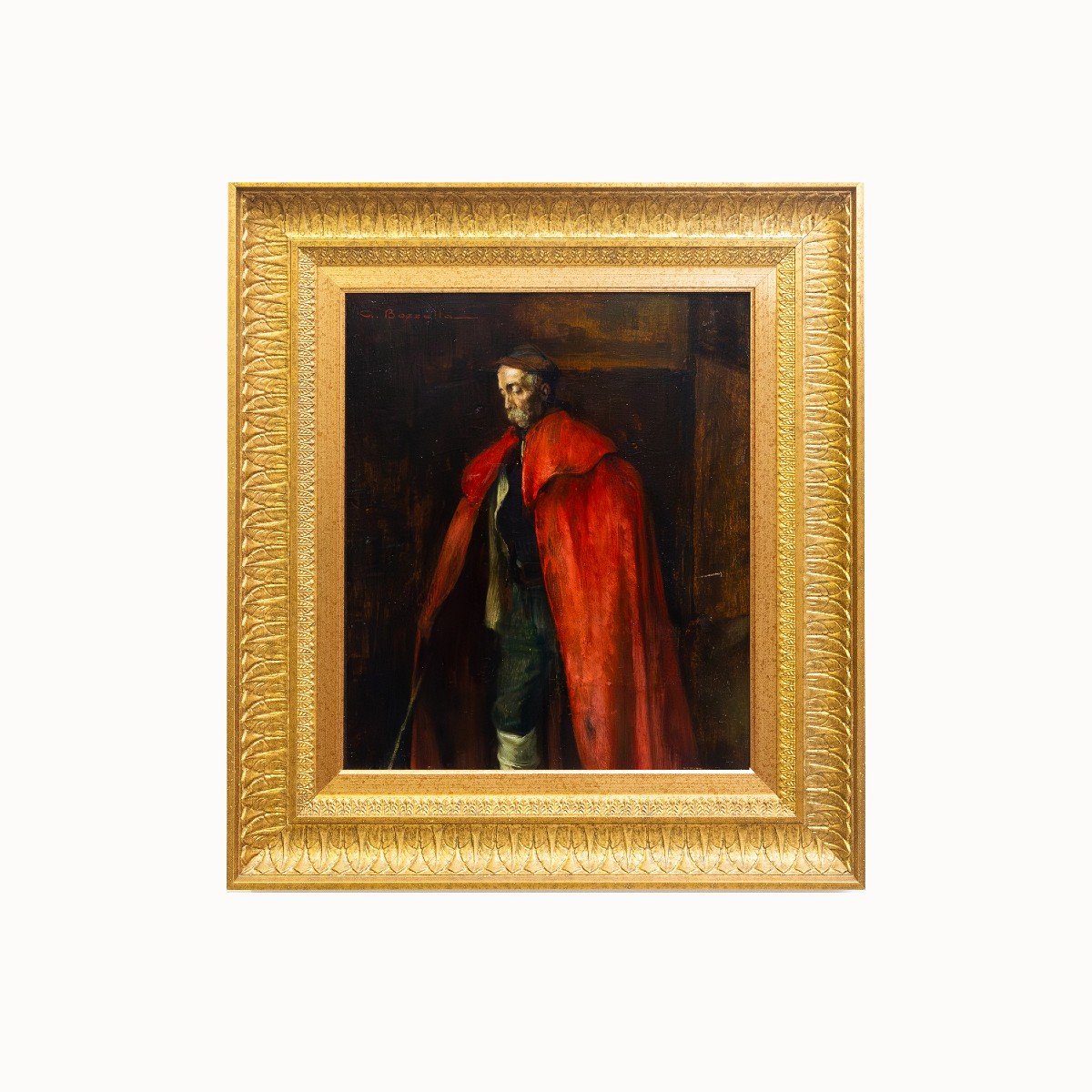  Giuseppe Bozzalla, "homme Au Manteau Rouge", Huile Sur Panneau, Signé, Début Des Années 1900-photo-2