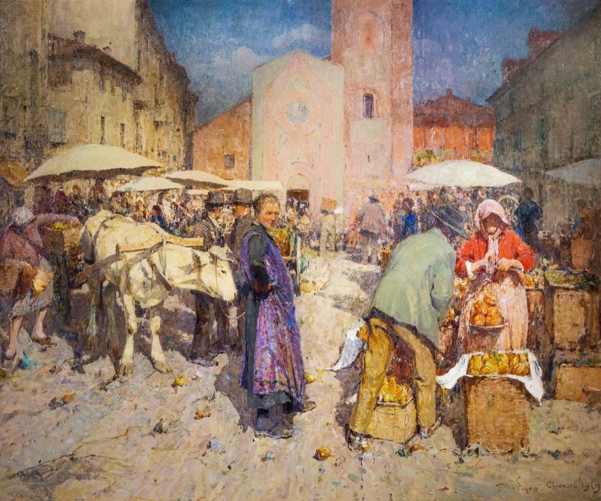 Pepper Market In Chivasso Oil On Canvas, 180 X 200 Cm Signed, Dated And Located 1919, Bottom Right