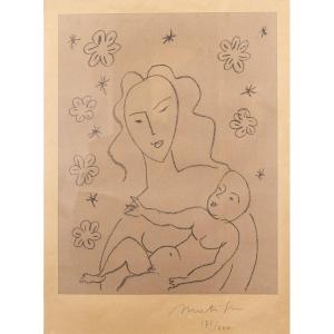  Henri Matisse, Lithographie,"vierge Et Enfant Sur Fond De Fleurs Et d'étoiles", 1920