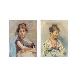 Pair Of Watercolors On Paper, "portraits Of Female Figures, Signed, Late 19th Century Period