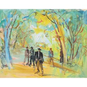 Tempera On Cardboard, By Luigi Spazzapan, "walk In The Park," First Half Of The 20th Century