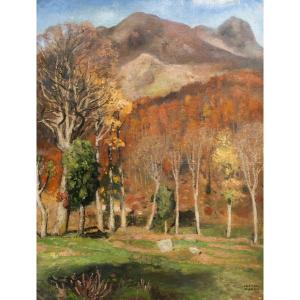 Oil On Canvas, "autumnal Landscape," Cesare Maggi, 1900s Era, Signed