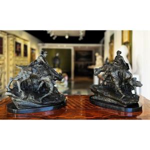 Pair Of Bronze Sculptures By A. Moriggi, Venice, "percorso Tortuoso," Early 20th Century