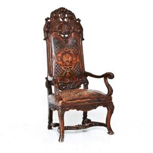 Rare Leather And Walnut Armchair/throne, Venice, Baroque Style, 19th Century