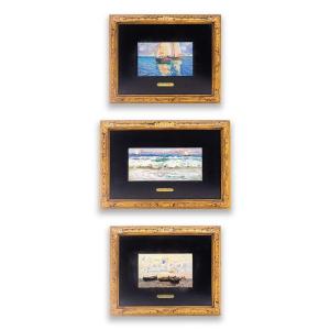 Oil Paintings On Panel, By Fausto Pratella, "marine Scenes," Early 20th Century, Signed
