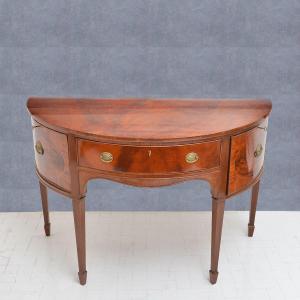 English Half-moon Writing Desk Panelled In Mahogany Feathers, 19th Century Era