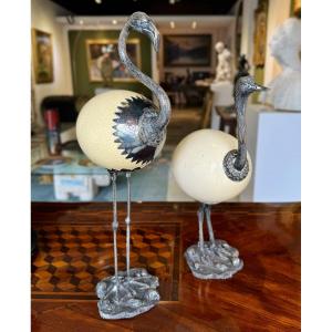 Rare Egg And Silver Sculptures "ostrich And Flamingo," Ranzoni Milan, 1960s/'70s