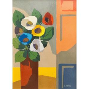 Roberto Masi, Oil On Plywood, "vase Of Flowers", Signed, 1900s