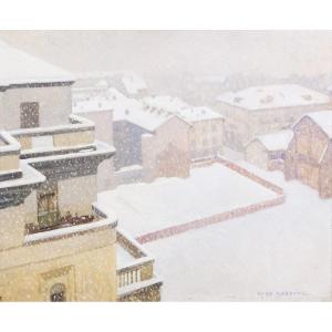 Enzo Gazzone, "snowfall In Vercelli," Oil On Panel, 1900s Era