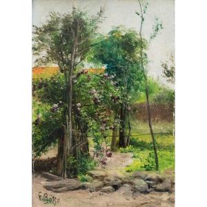 Francesco Bosso, Oil On Cardboard, Signed, "in The Garden," 1917