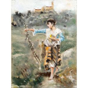 Francesco Paolo Michetti, "la Pastorella", Pastel On Paper, Signed, Late 19th Century