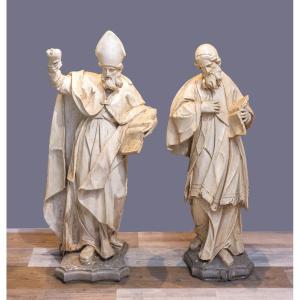 Paire De Grandes Sculptures En Bois, « Sant'onorato » Et « San Luigi », époque XVIIe Siècle