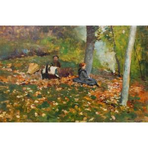 Giovanni Carpanetto, « Dans Les Bois d'Octobre », Huile Sur Panneau, Signée, 1892