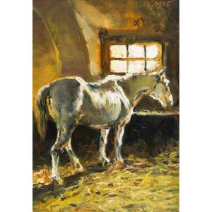 Lorenzo Delleani, Oil On Panel, “horse In Stable,” 1906