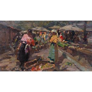 Huile Sur Panneau, Par Alessandro Lupo, « Marché à Turin », Signée Au Dos, 1915