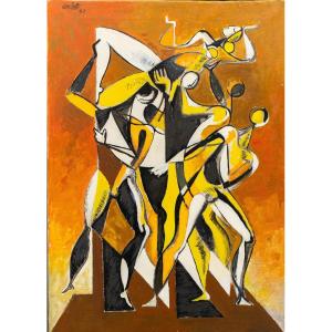 Mario Carletti, “balleto A Six,” Oil On Canvas, Signed, 1950