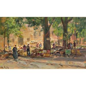 Carlo Follini, « Scène De Marché », Huile Sur Panneau, Signée Et Datée 1930