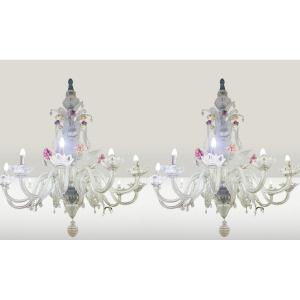 Large Pair Of Transparent And Polychrome Murano Glass Chandeliers, Early 20th Century