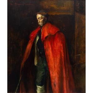  Giuseppe Bozzalla, "homme Au Manteau Rouge", Huile Sur Panneau, Signé, Début Des Années 1900