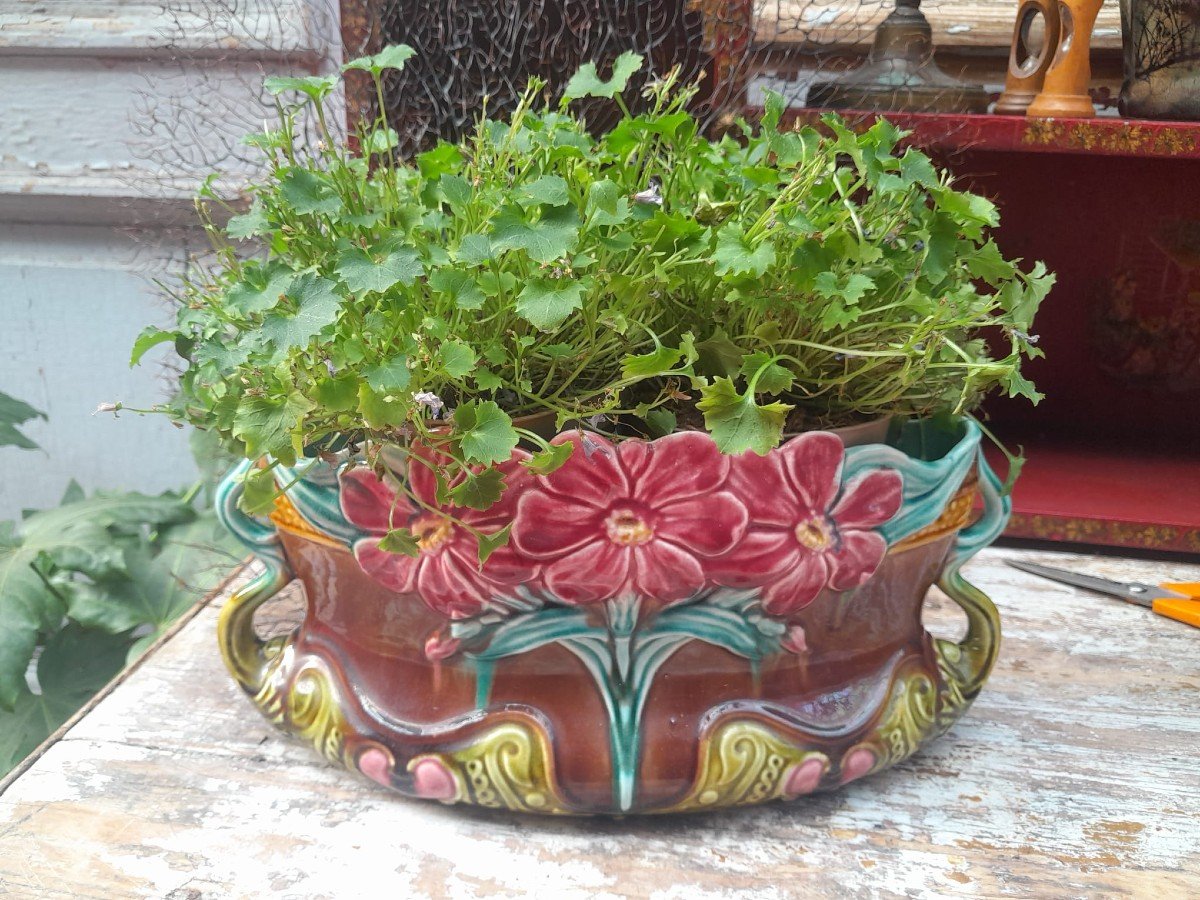 Barbotine Planter, Floral Decor, 1900-photo-5