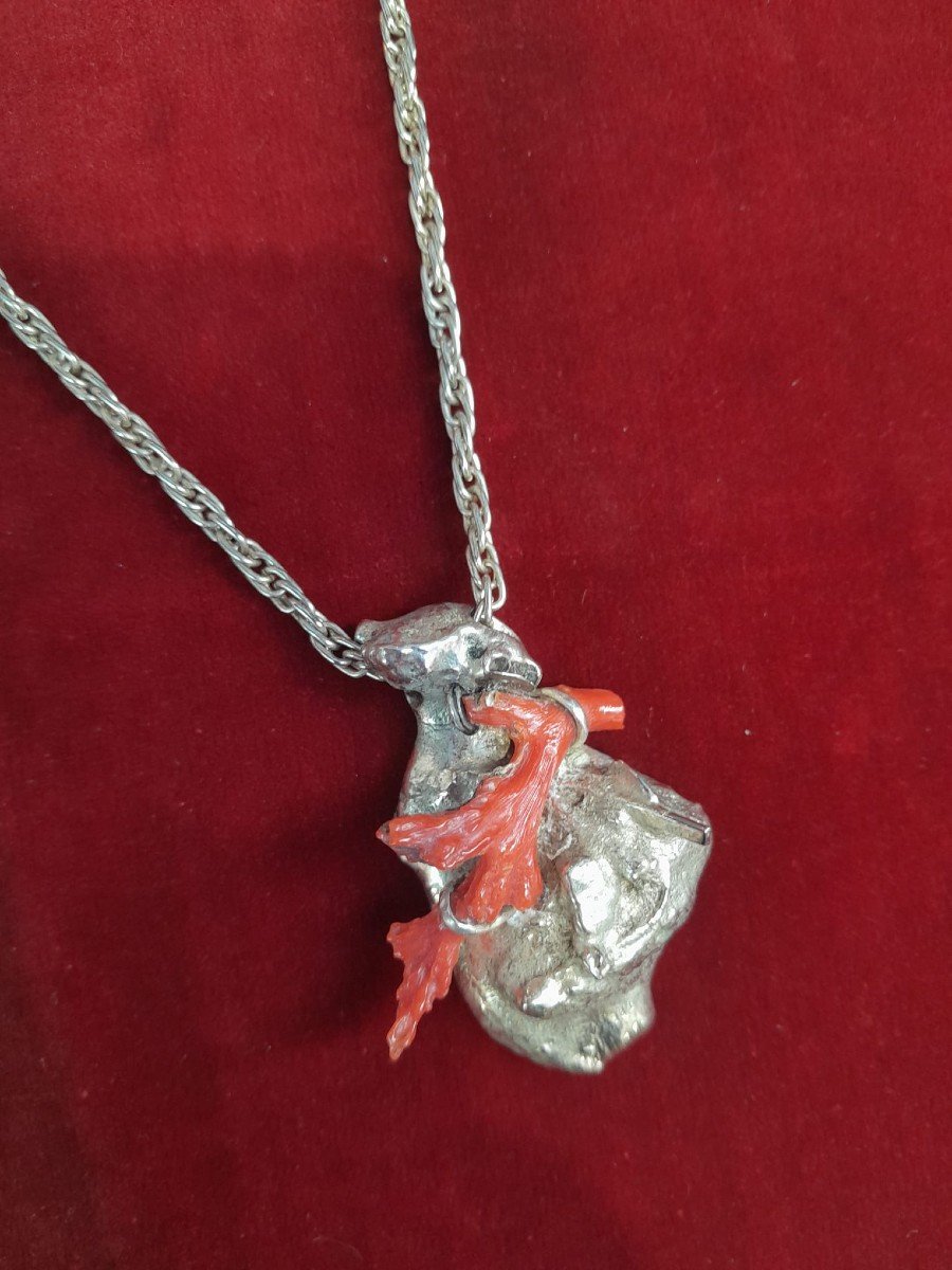 925 Silver And Red Coral Heart Pendant, 70s/80s-photo-3