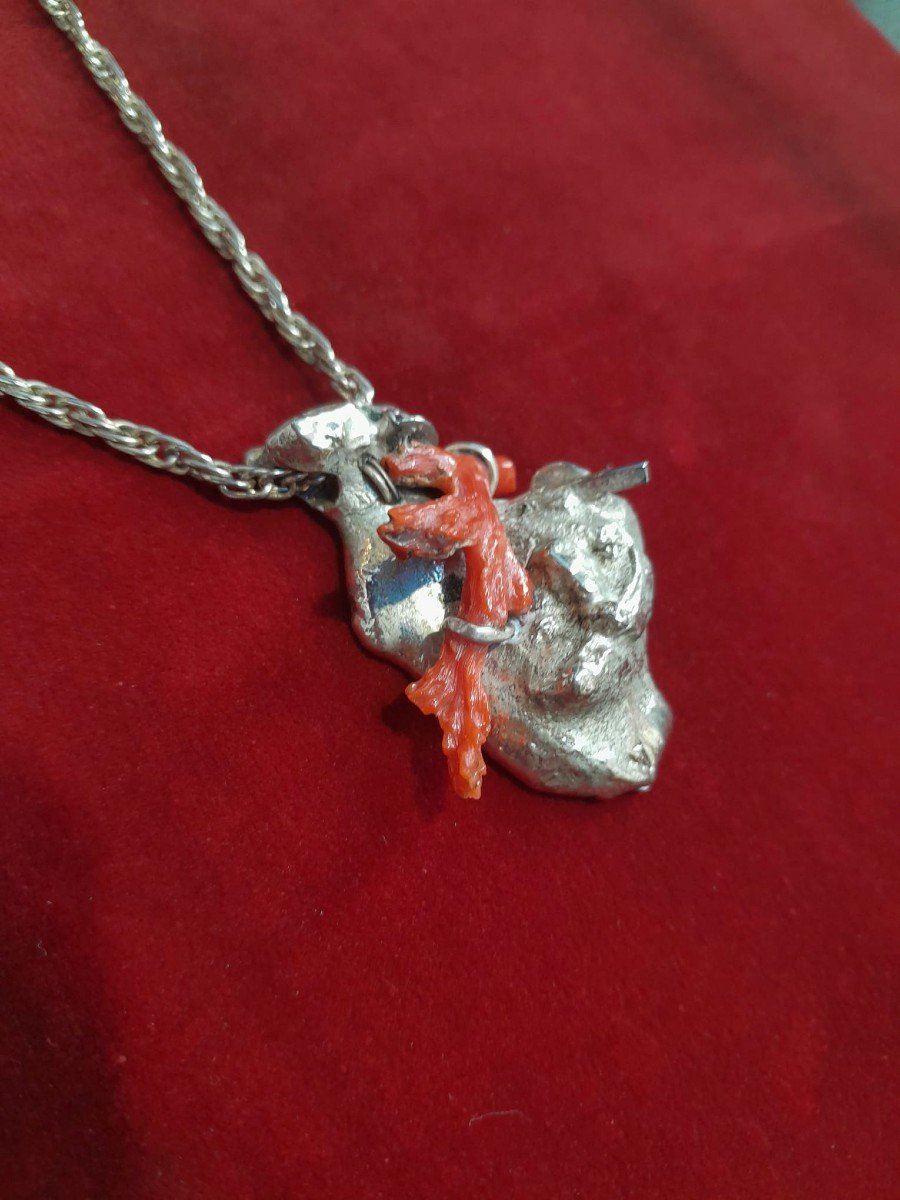 925 Silver And Red Coral Heart Pendant, 70s/80s-photo-4