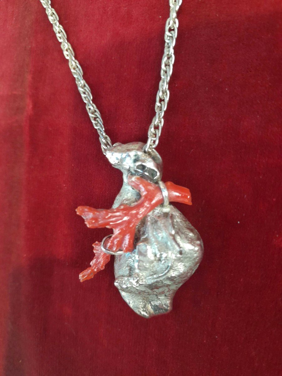 925 Silver And Red Coral Heart Pendant, 70s/80s-photo-1