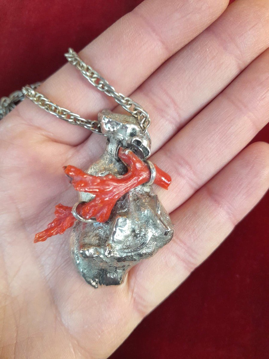 925 Silver And Red Coral Heart Pendant, 70s/80s-photo-3