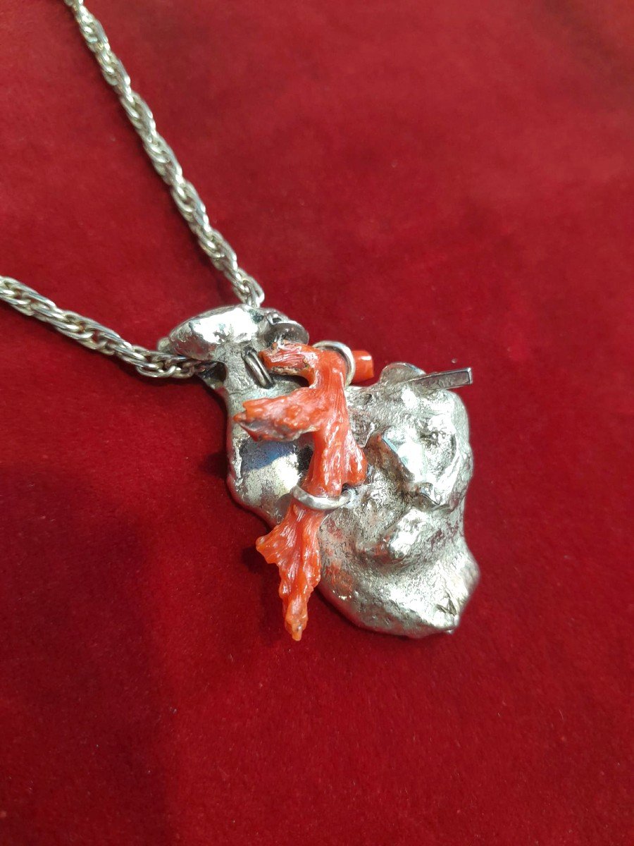 925 Silver And Red Coral Heart Pendant, 70s/80s