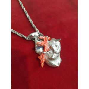 925 Silver And Red Coral Heart Pendant, 70s/80s