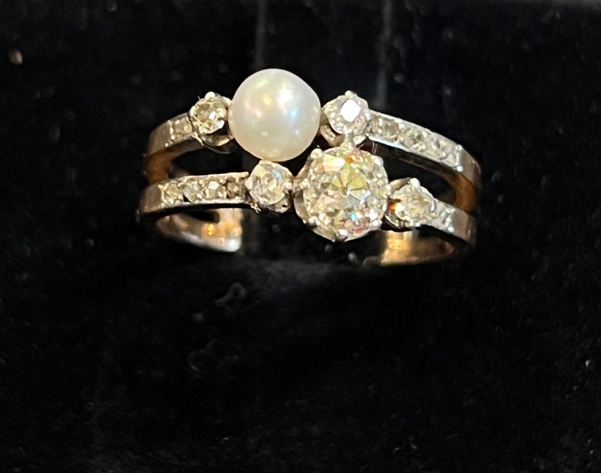 Double Line Pearl And Diamond Ring 