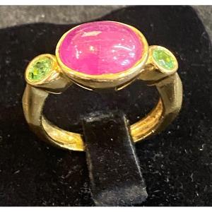 Bague Cabochon Rubis Et Péridots