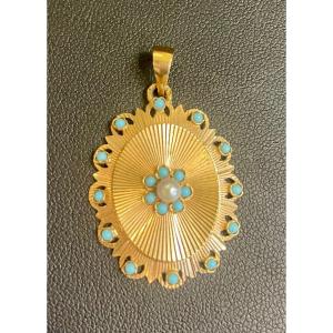 Oval Pendant With Pearl And Turquoise Beads