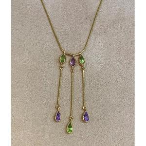 Amethyst And Peridots Gold Necklace