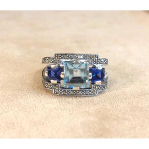 Bague Topaze, Pierres Bleue Et Marcassites