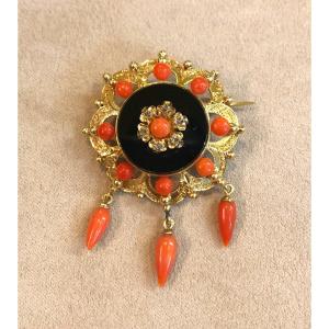 Coral And Onyx Brooch