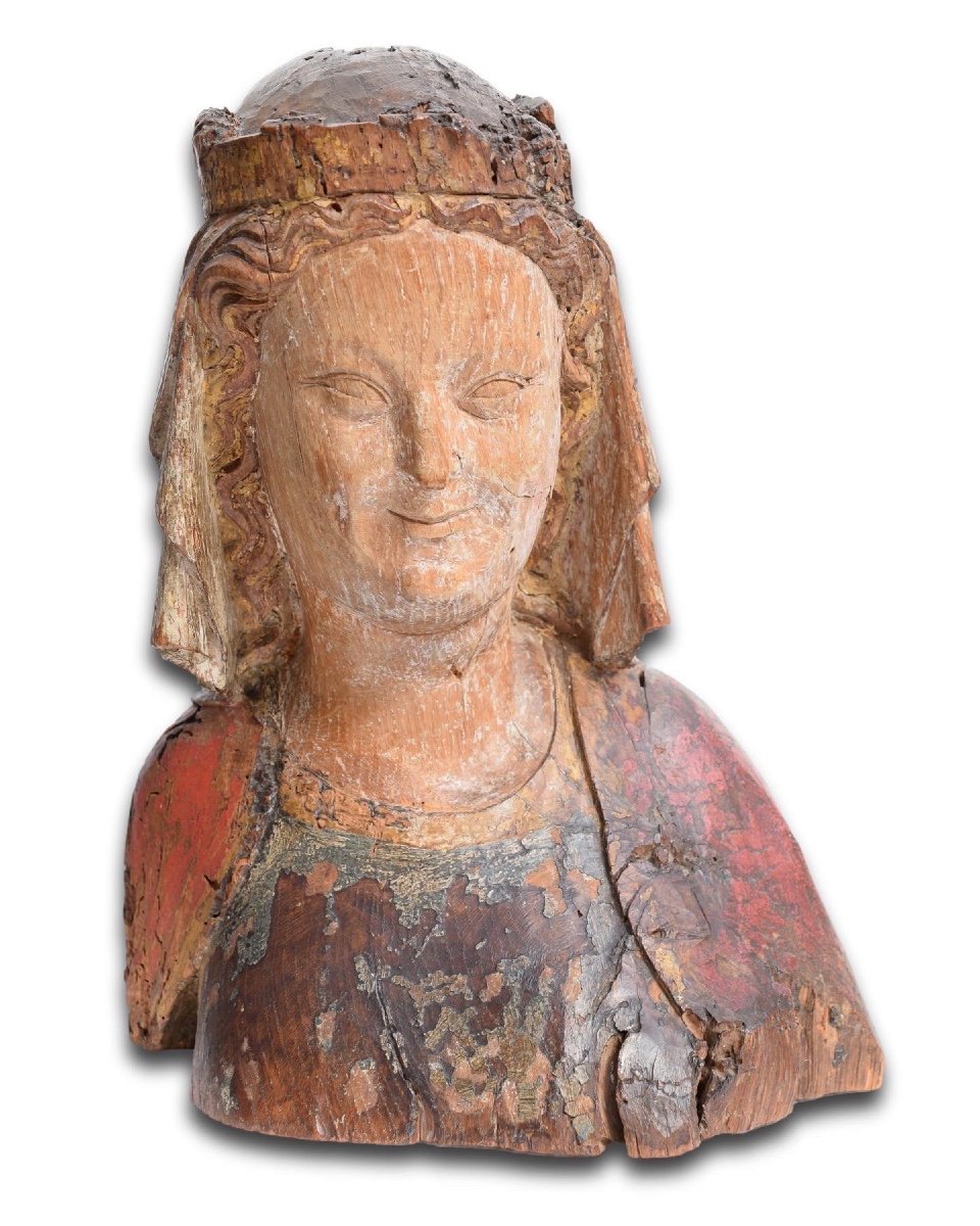 Polychromed Oak Bust Of The Virgin. French, Late 13th Century.