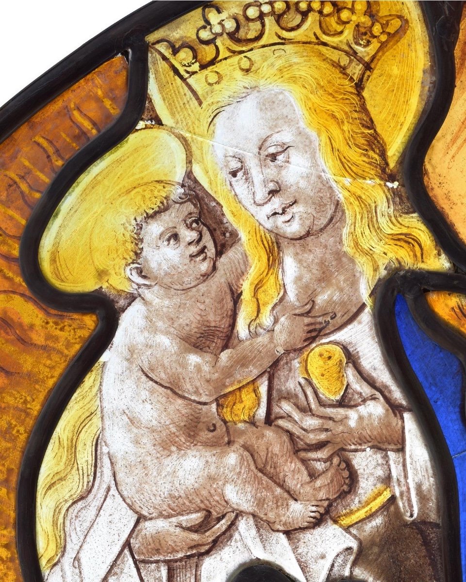 Beautiful Stained Glass Panel Of The Virgin And Child. German, Late 15th Century-photo-8