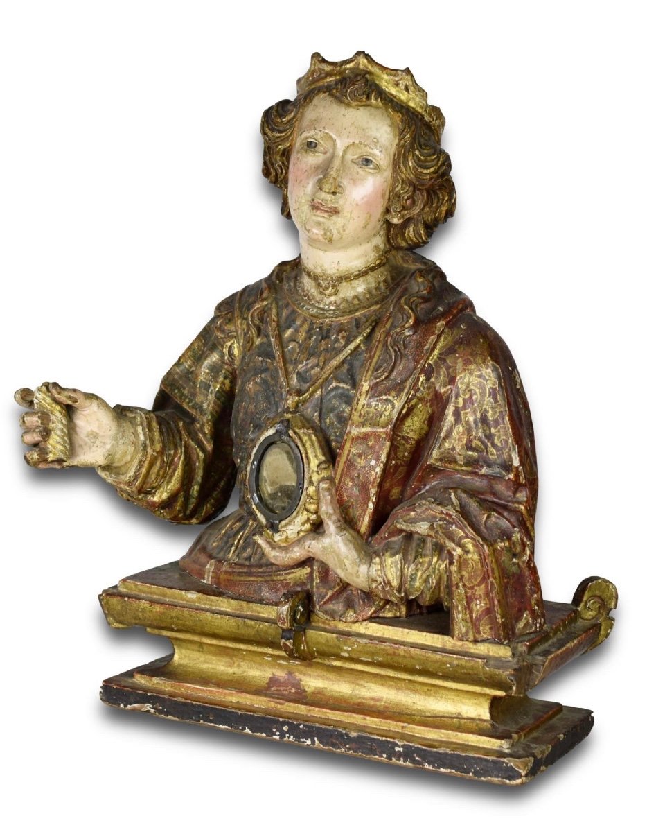 Polychromed Wooden Reliquary Bust Of A Female Saint. Spanish, Early 17th Century-photo-2