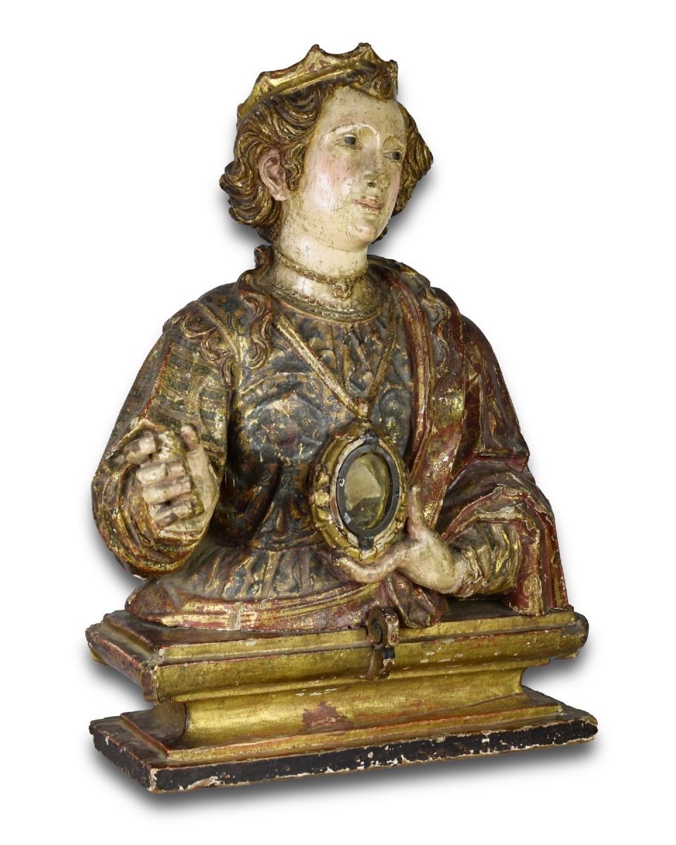 Polychromed Wooden Reliquary Bust Of A Female Saint. Spanish, Early 17th Century-photo-4