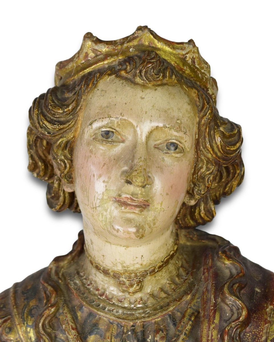 Polychromed Wooden Reliquary Bust Of A Female Saint. Spanish, Early 17th Century-photo-3