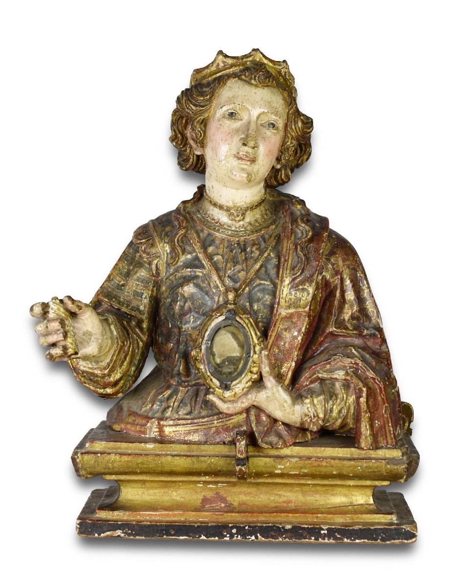 Polychromed Wooden Reliquary Bust Of A Female Saint. Spanish, Early 17th Century