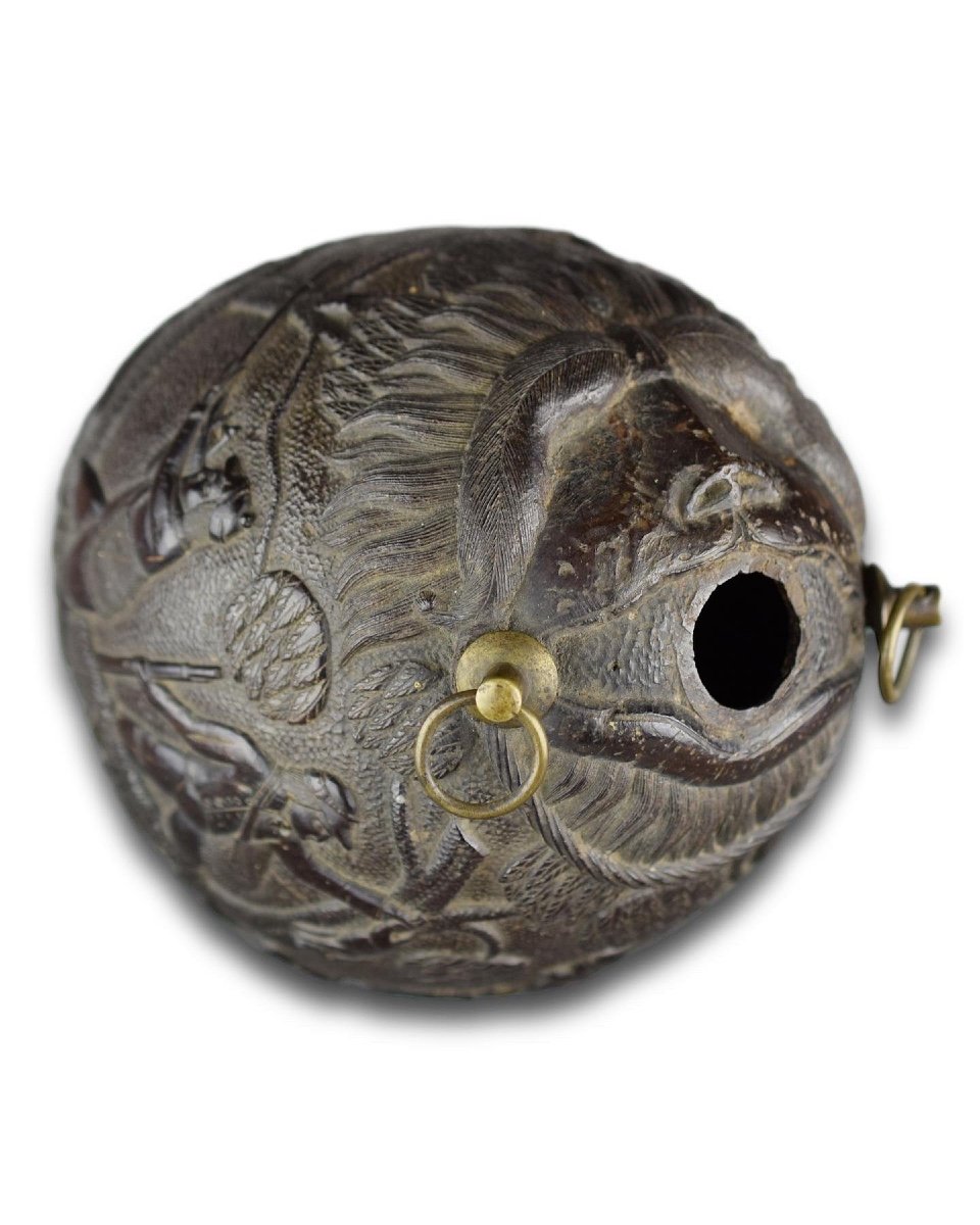 Coconut ‘bugbear’ Flask Carved With Hunting Scenes. French, Early 19th Century.-photo-1